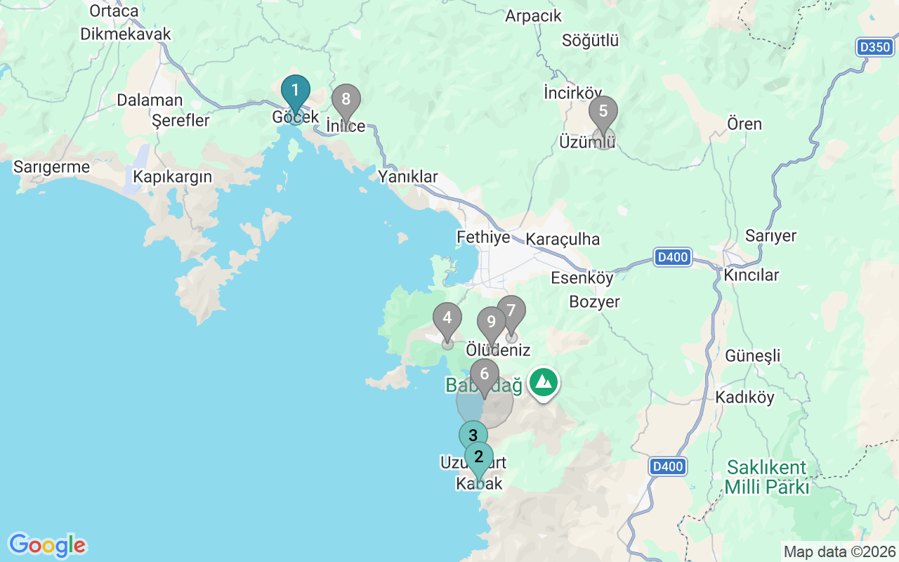 Map of Airbnb guest-review hotspots in Fethiye with location premium circles