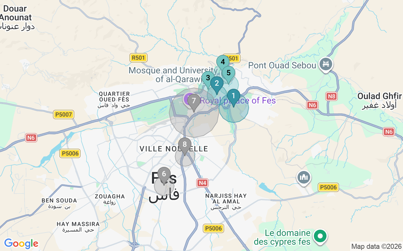 Map of Airbnb guest-review hotspots in Fez with location premium circles