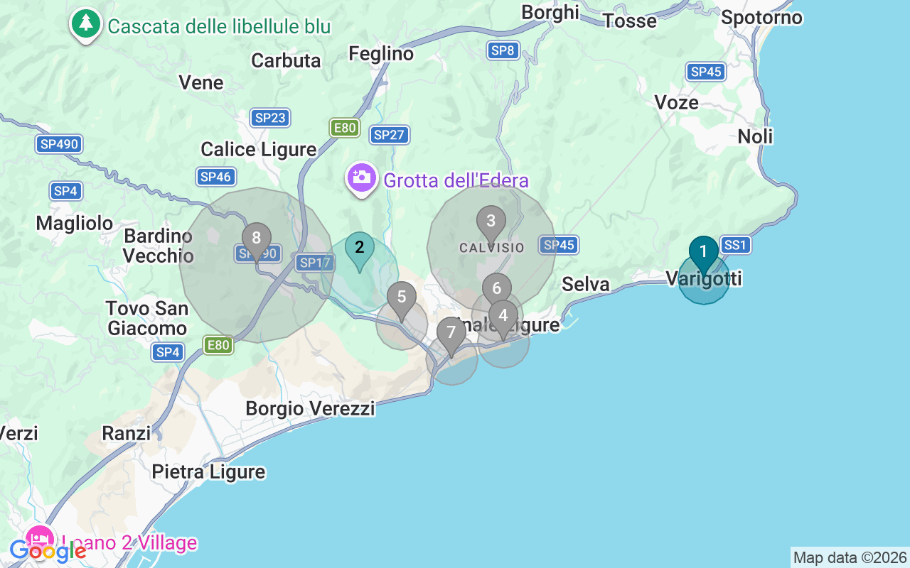 Map of Airbnb guest-review hotspots in Finale Ligure with location premium circles