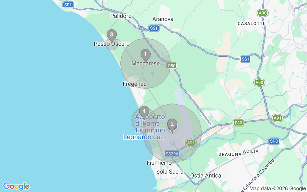 Map of Airbnb guest-review hotspots in Fiumicino with location premium circles