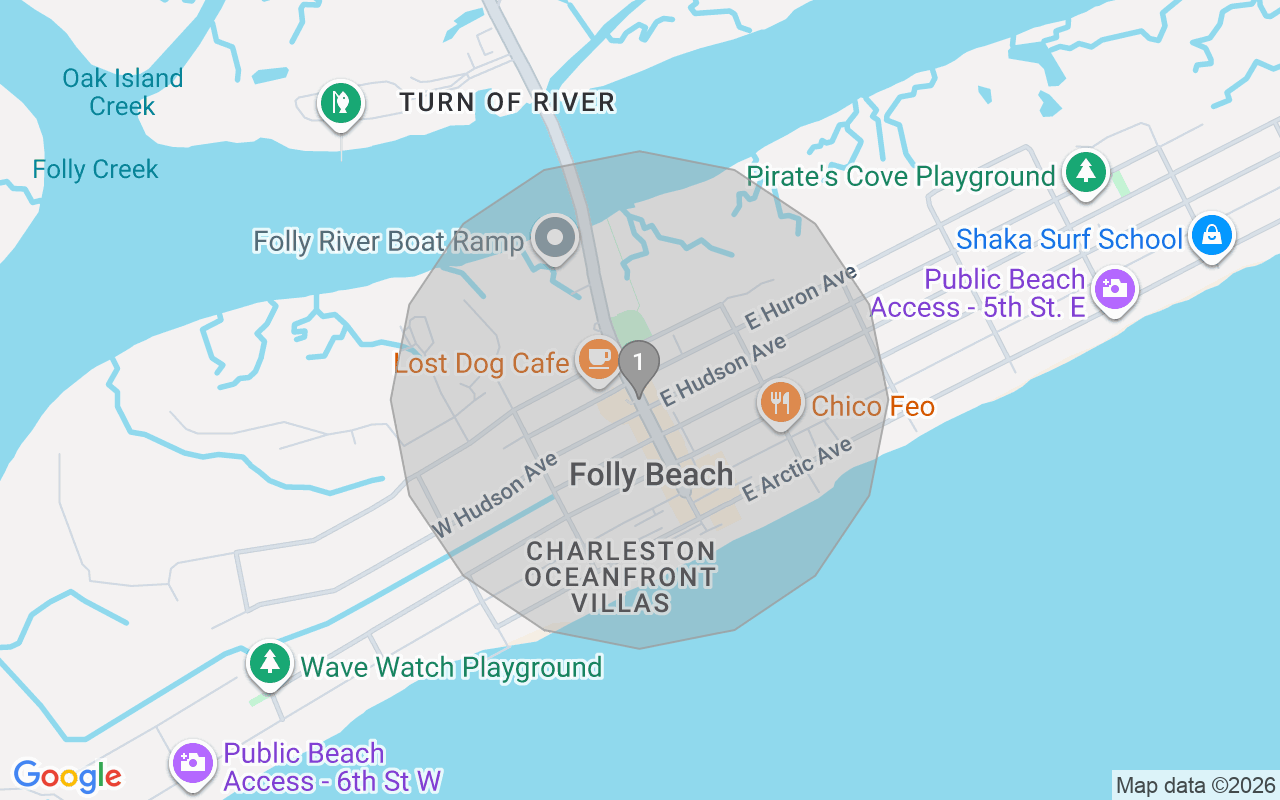 Map of Airbnb guest-review hotspots in Folly Beach with location premium circles