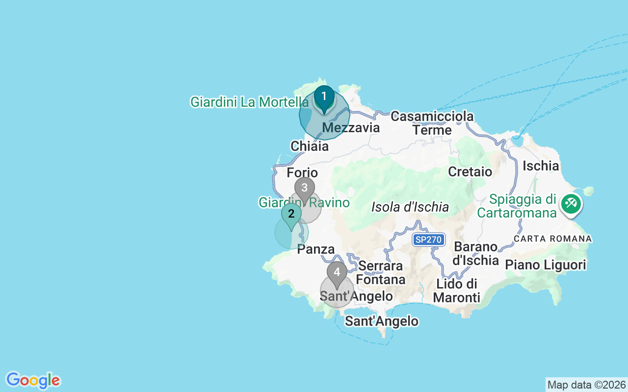 Map of Airbnb guest-review hotspots in Forio with location premium circles