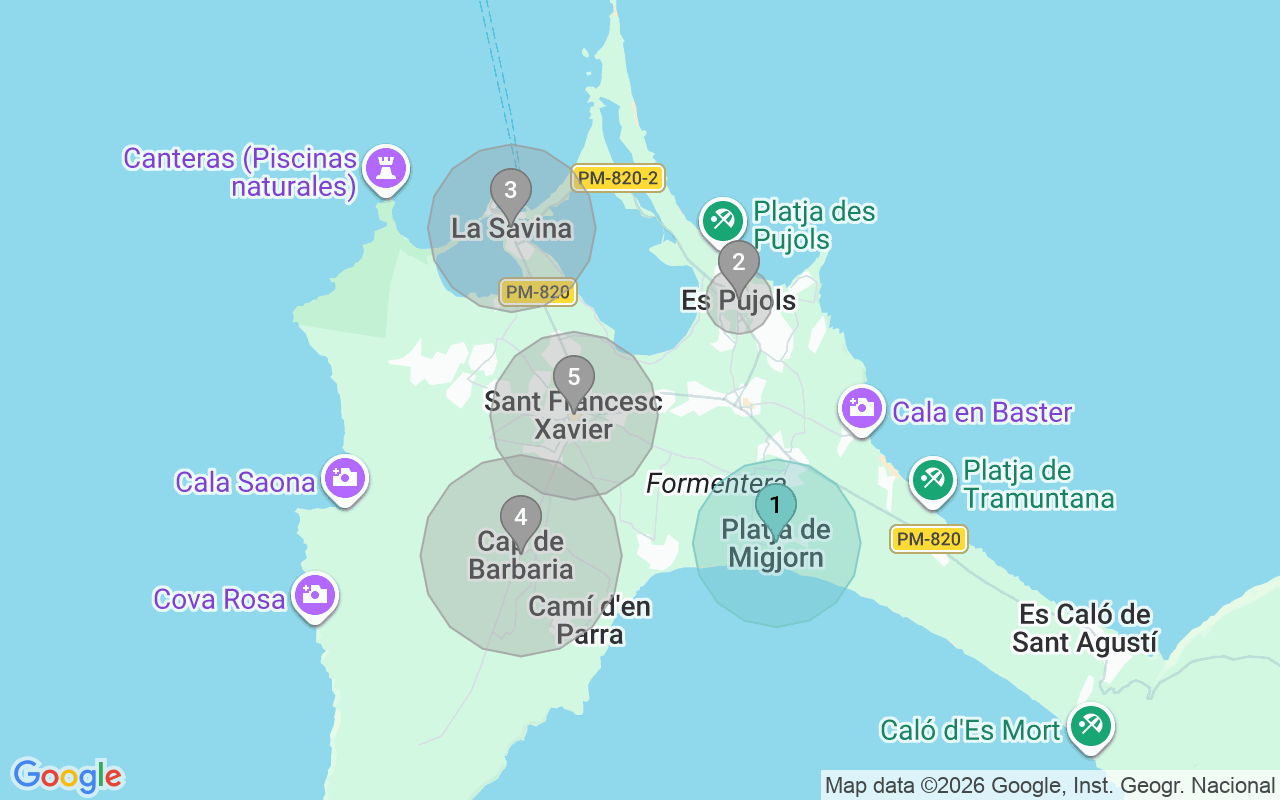 Map of Airbnb guest-review hotspots in Formentera with location premium circles