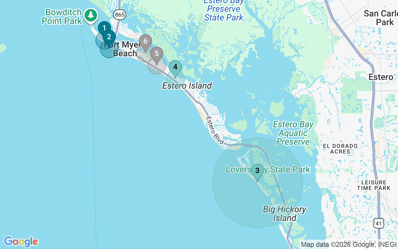 Map of Airbnb guest-review hotspots in Fort Myers Beach with location premium circles