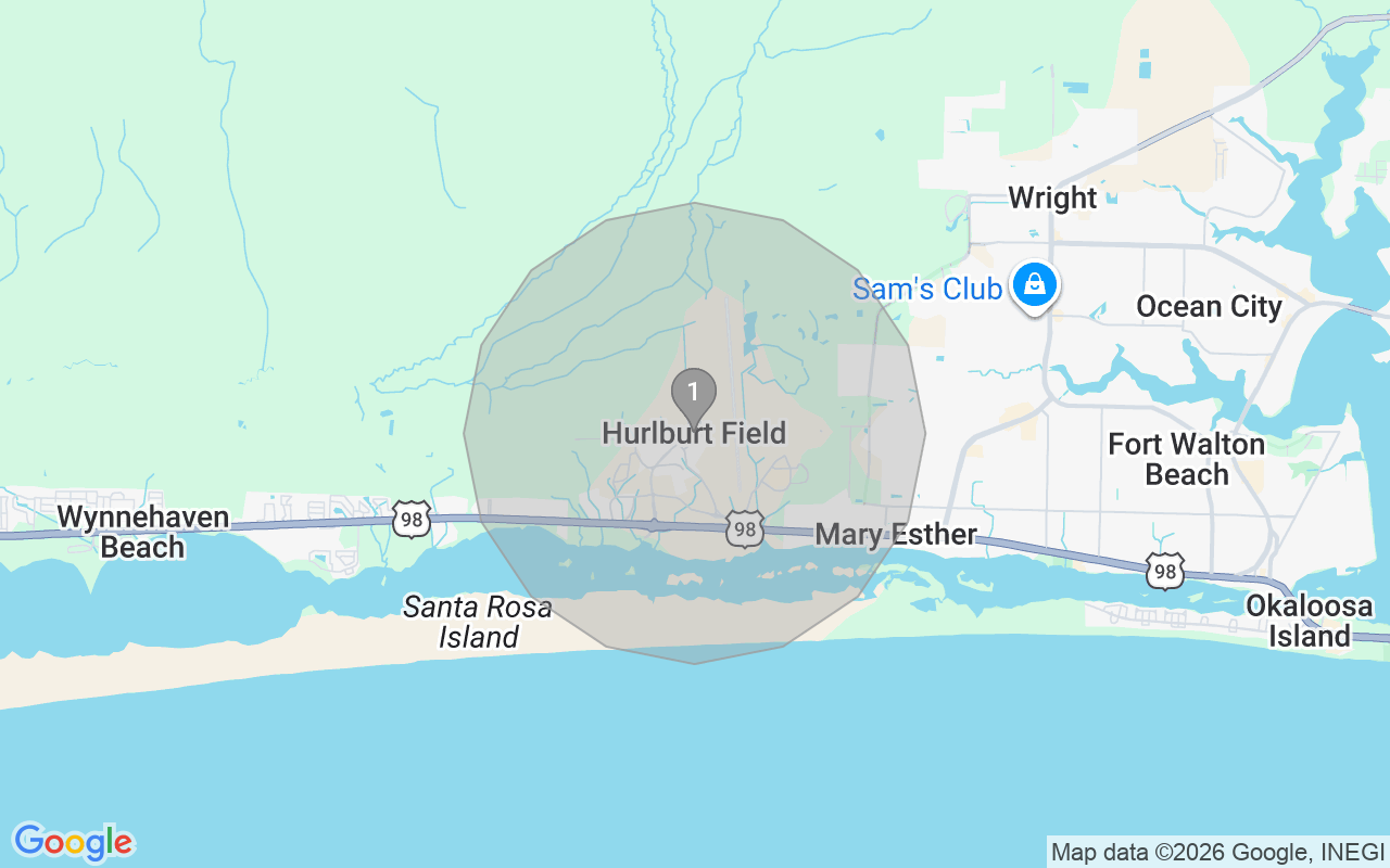 Map of Airbnb guest-review hotspots in Fort Walton Beach with location premium circles