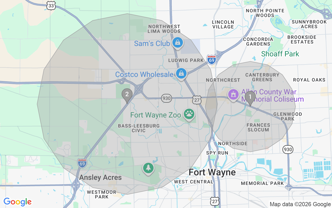 Map of Airbnb guest-review hotspots in Fort Wayne with location premium circles