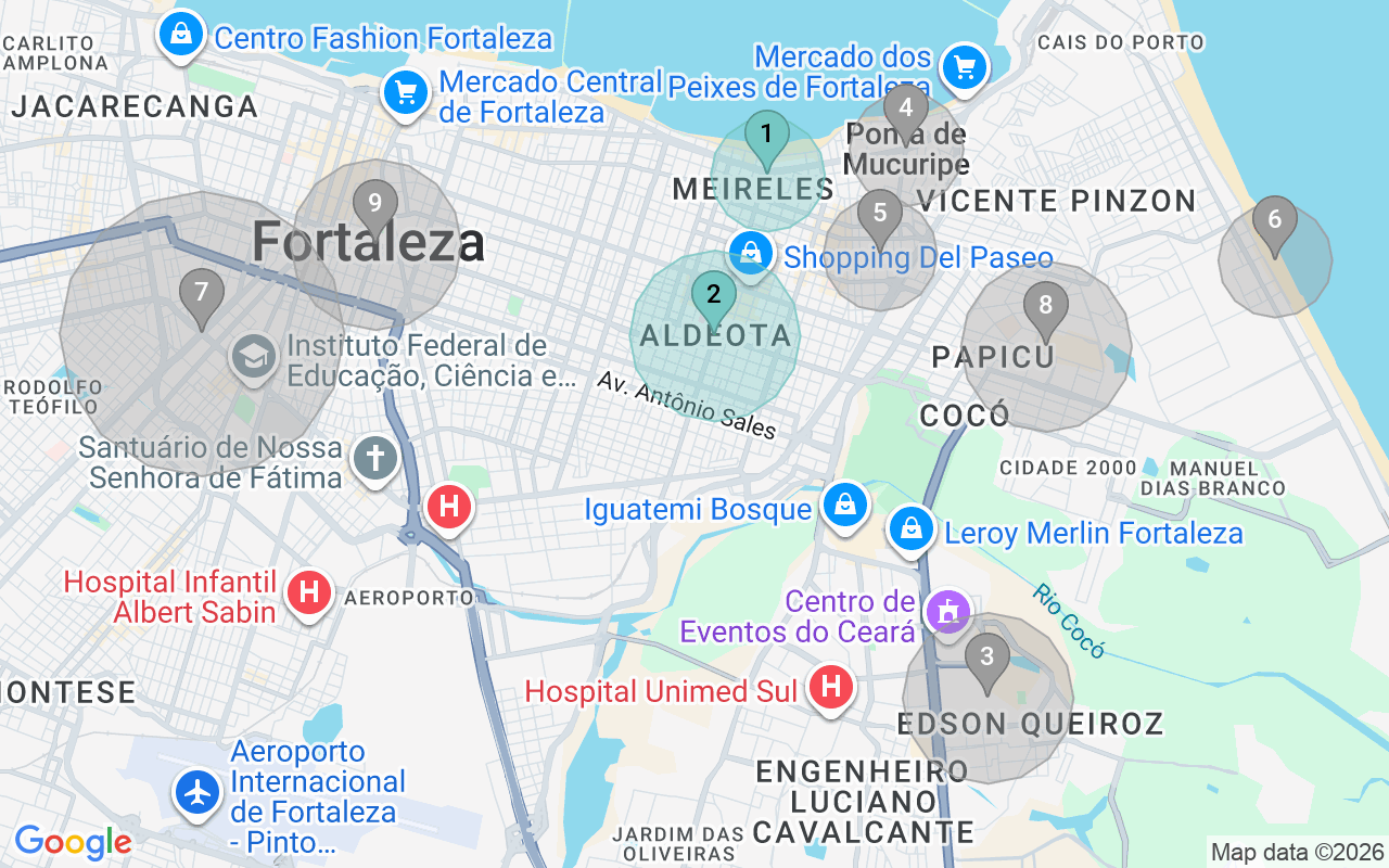 Map of Airbnb guest-review hotspots in Fortaleza with location premium circles