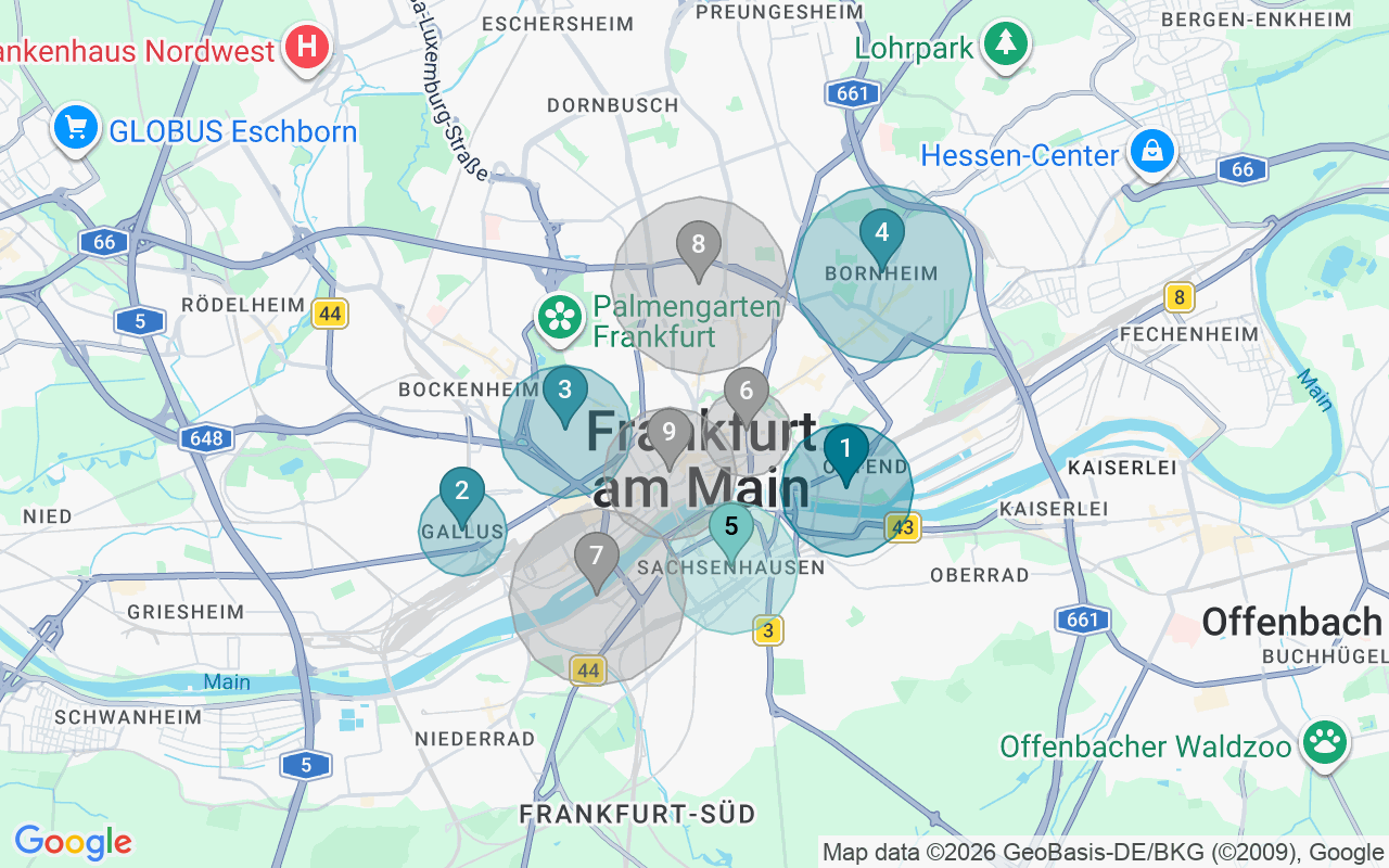 Map of Airbnb guest-review hotspots in Frankfurt am Main with location premium circles