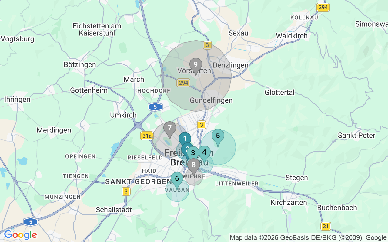 Map of Airbnb guest-review hotspots in Freiburg im breisgau with location premium circles