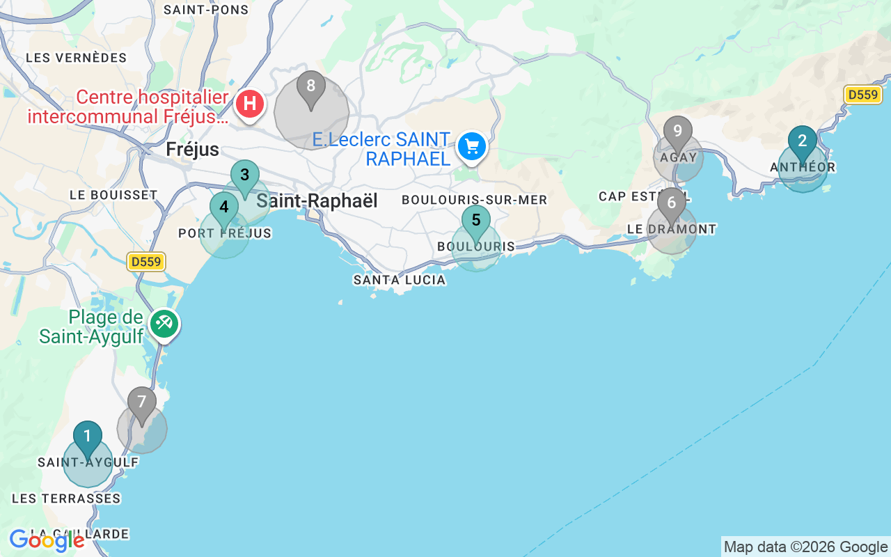 Map of Airbnb guest-review hotspots in Frejus with location premium circles