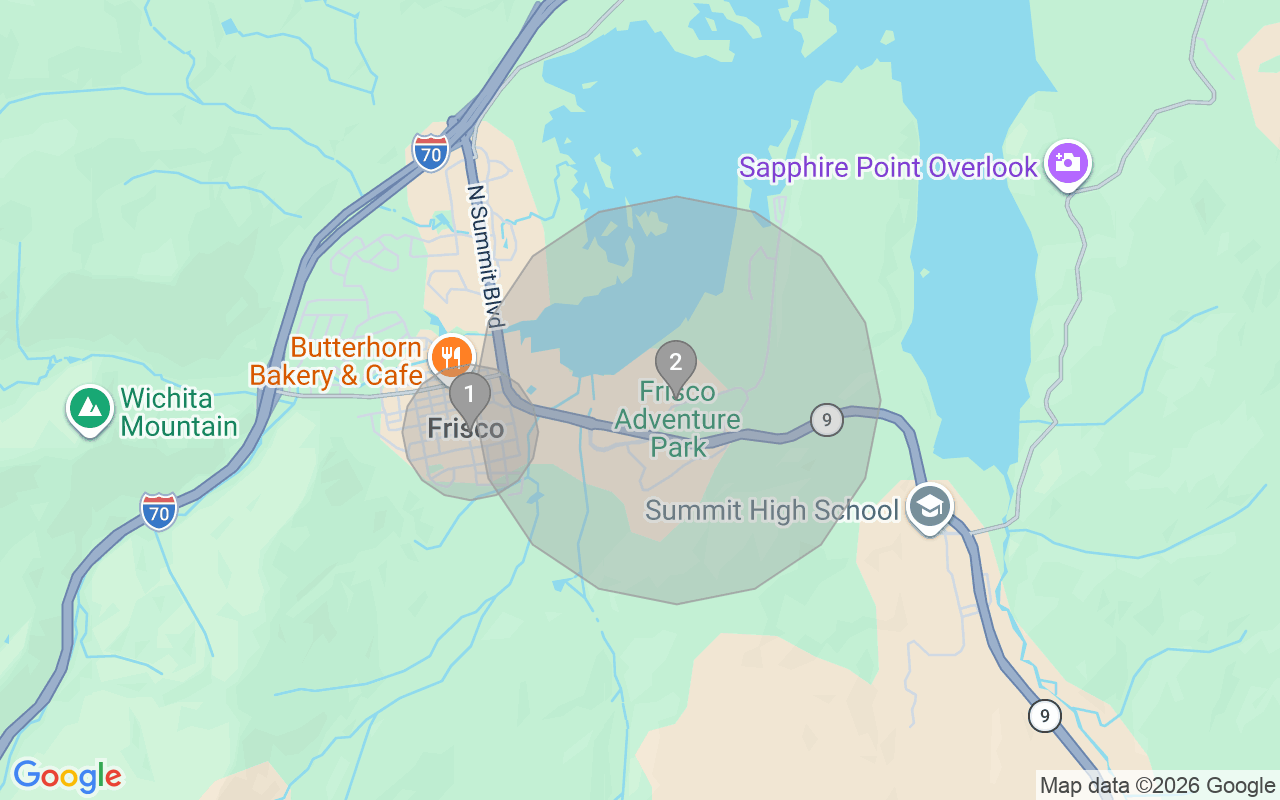 Map of Airbnb guest-review hotspots in Frisco with location premium circles