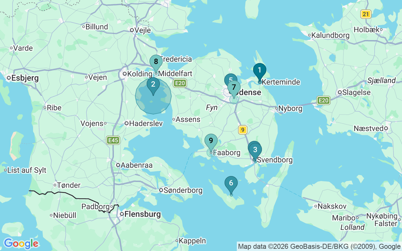 Map of Airbnb guest-review hotspots in Fyn with location premium circles