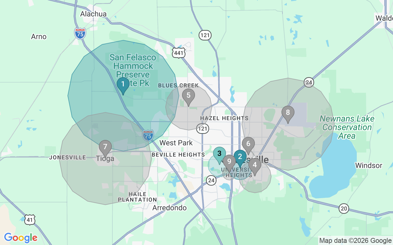 Map of Airbnb guest-review hotspots in Gainesville with location premium circles