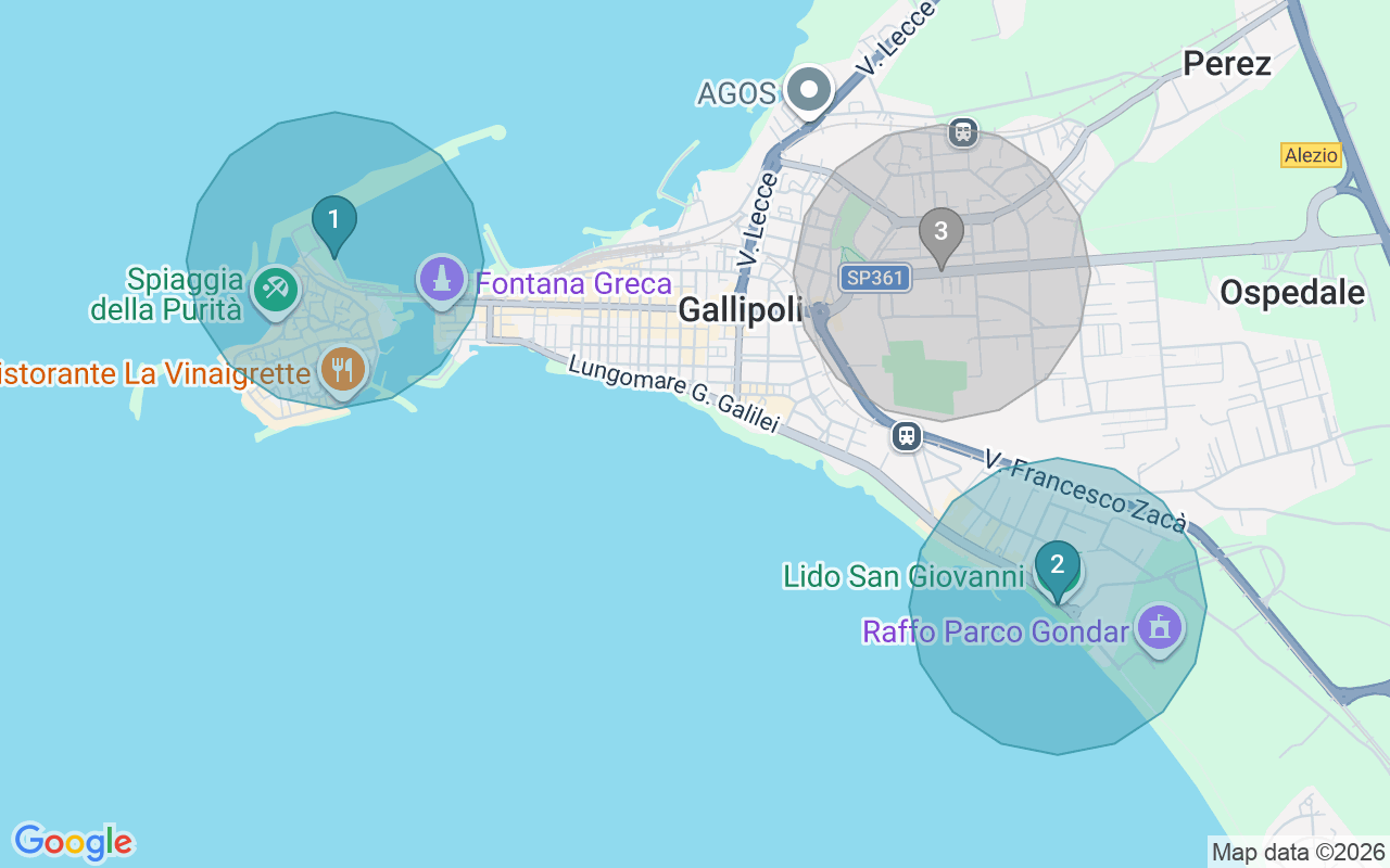 Map of Airbnb guest-review hotspots in Gallipoli with location premium circles