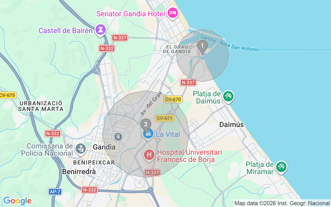 Map of Airbnb guest-review hotspots in Gandia with location premium circles