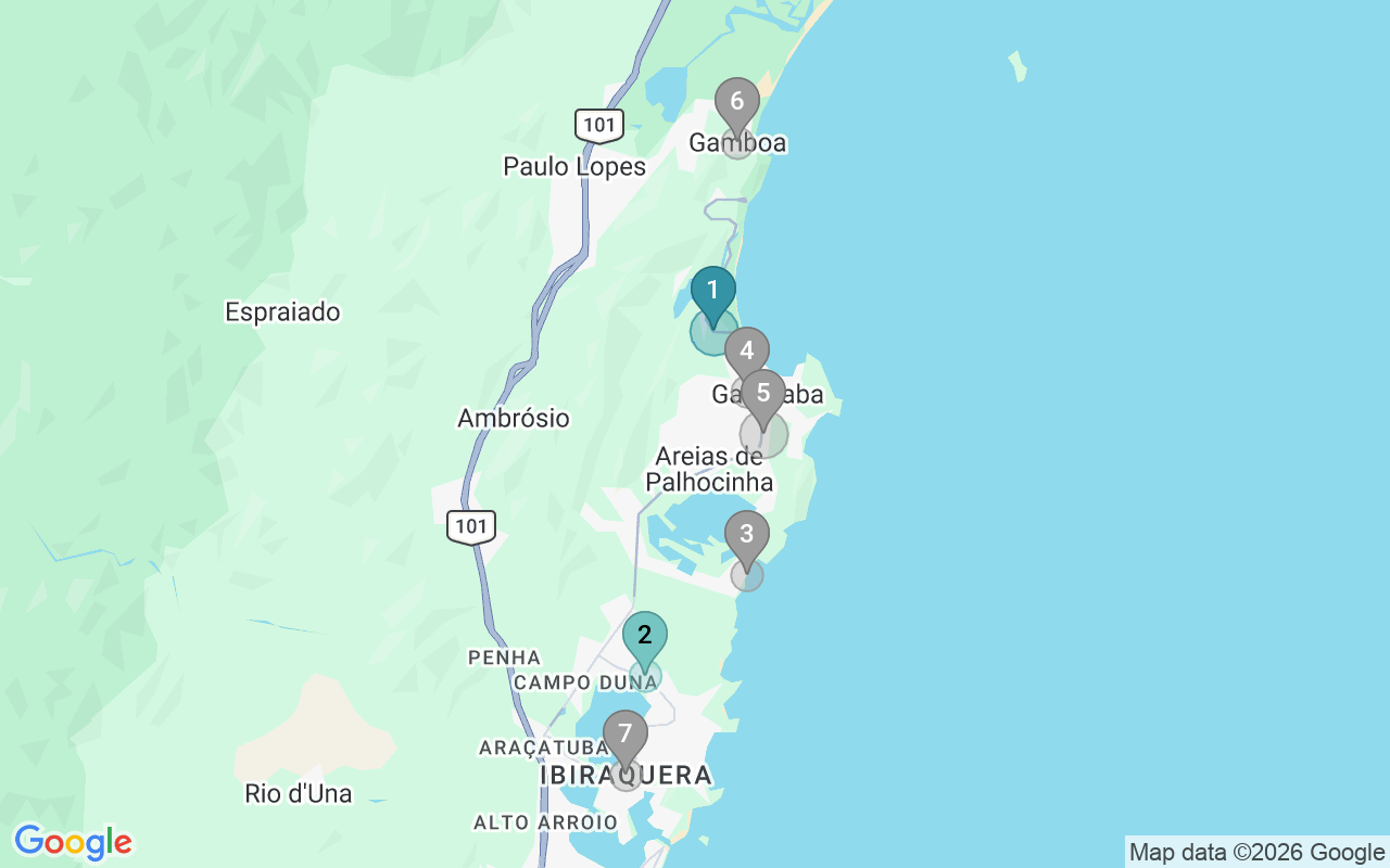 Map of Airbnb guest-review hotspots in Garopaba with location premium circles