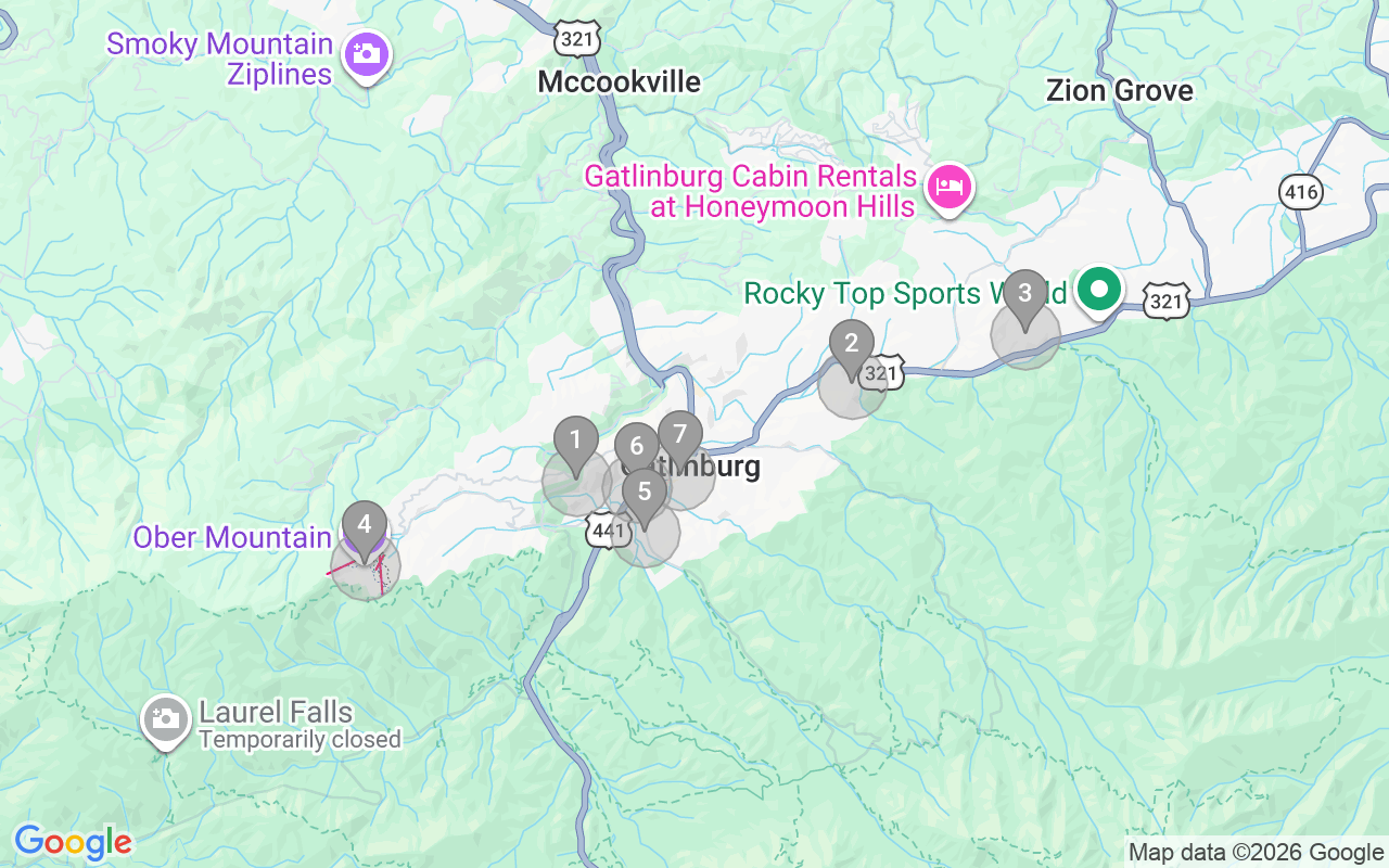 Map of Airbnb guest-review hotspots in Gatlinburg with location premium circles