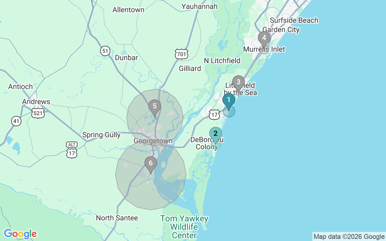 Map of Airbnb guest-review hotspots in Georgetown with location premium circles