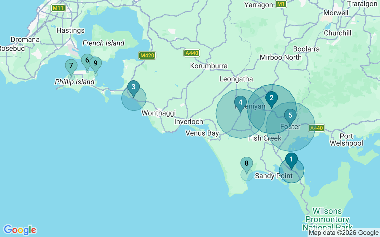 Map of Airbnb guest-review hotspots in Gippsland - South West with location premium circles