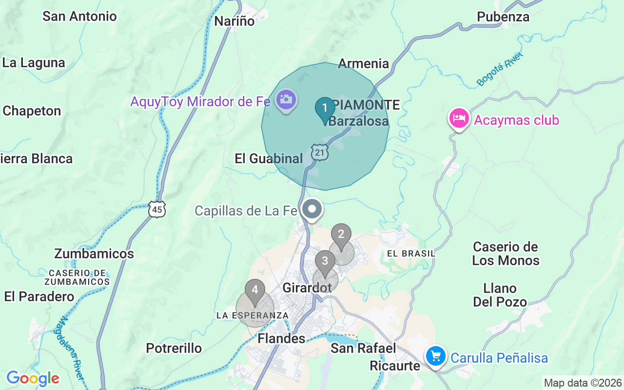 Map of Airbnb guest-review hotspots in Girardot with location premium circles