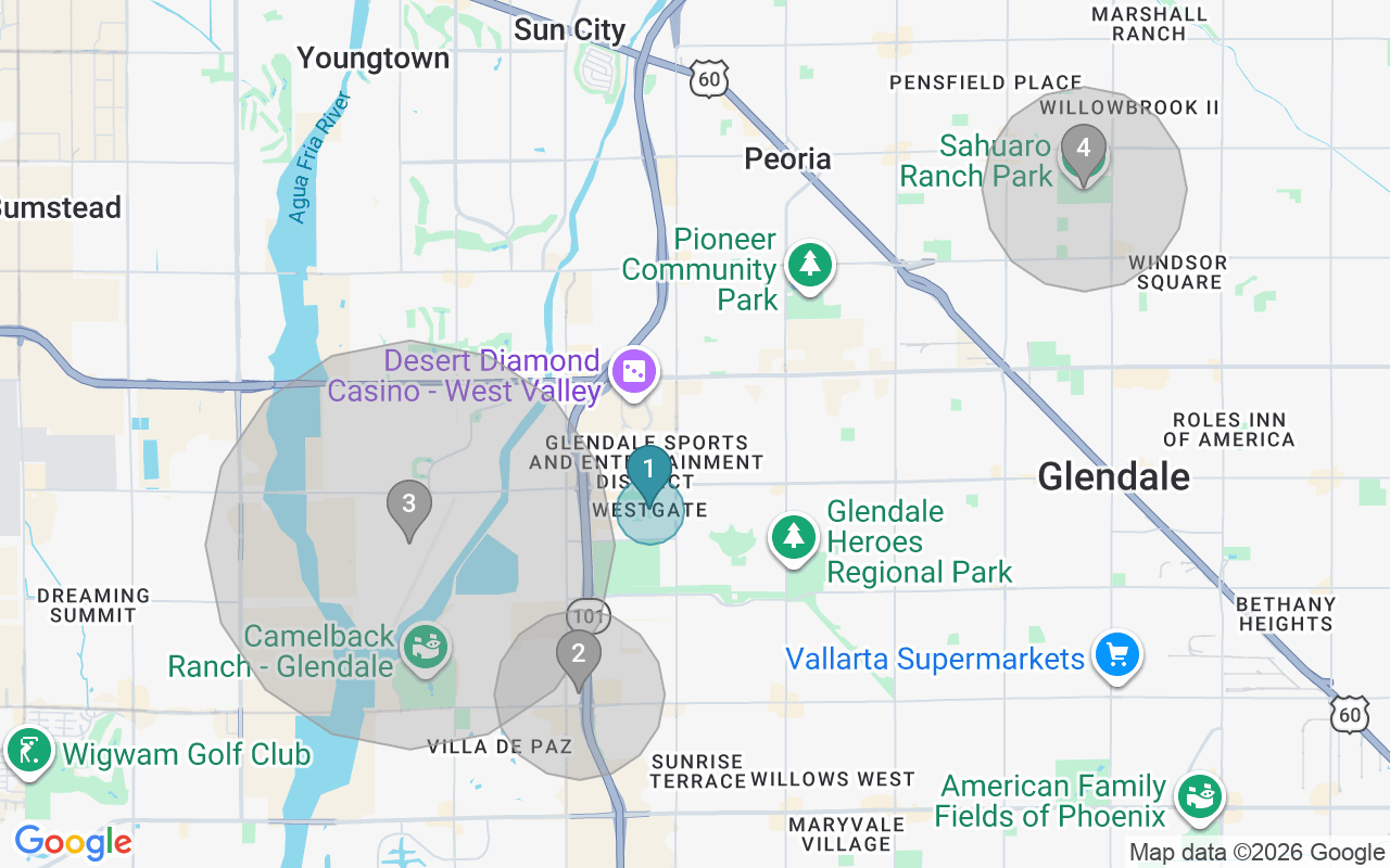 Map of Airbnb guest-review hotspots in Glendale with location premium circles