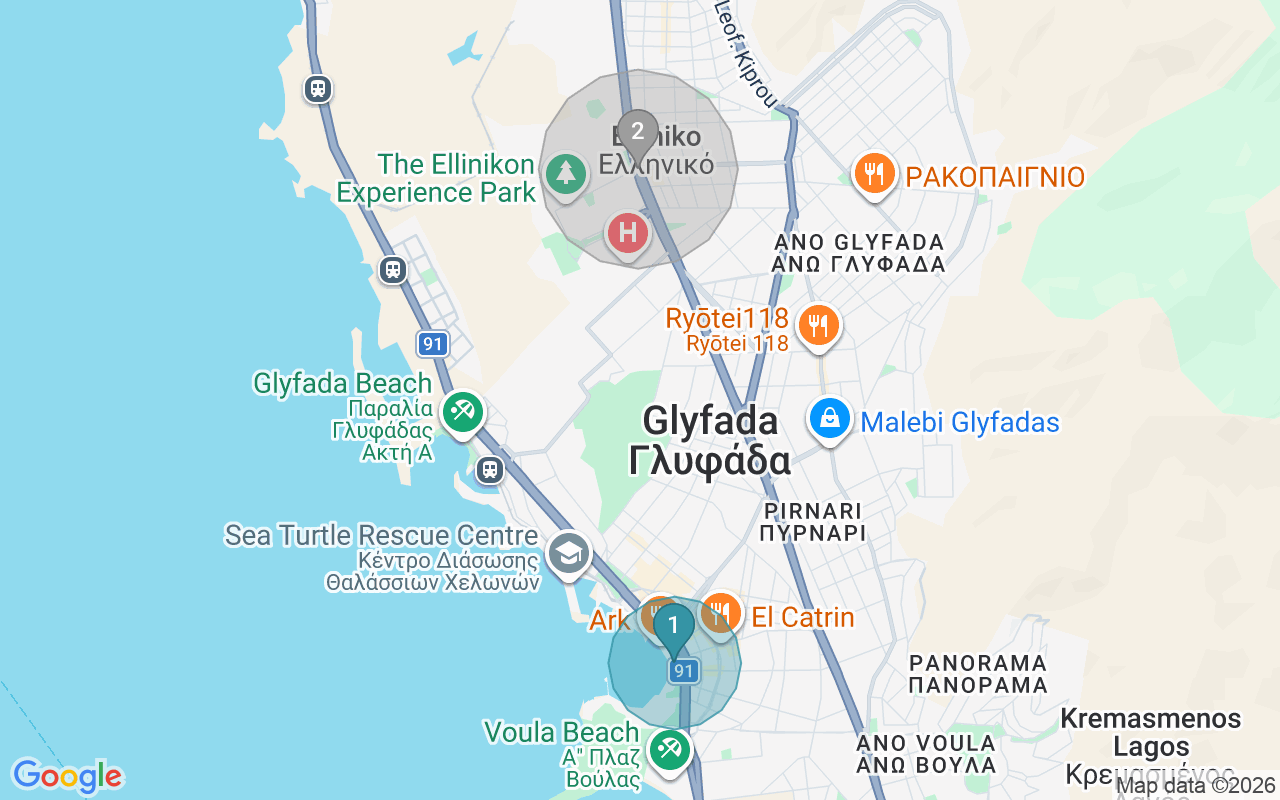 Map of Airbnb guest-review hotspots in Glyfada with location premium circles
