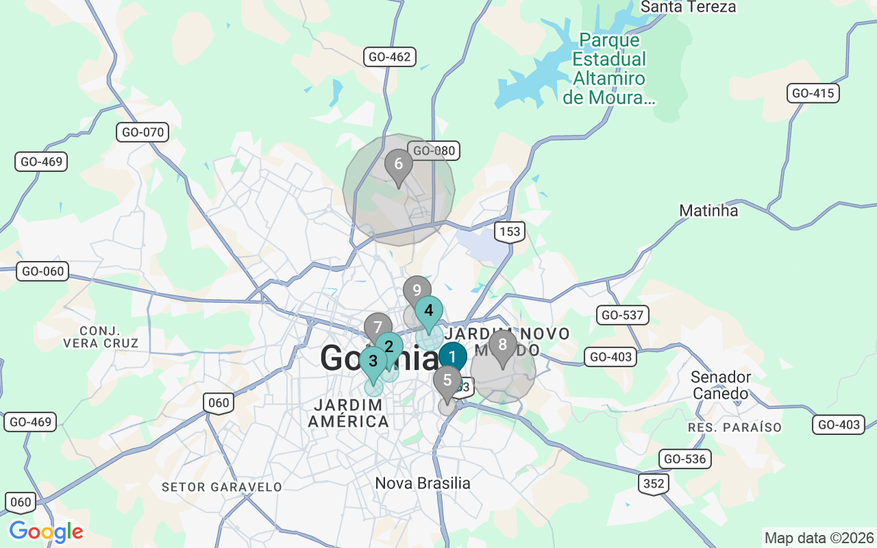 Map of Airbnb guest-review hotspots in Goiânia with location premium circles