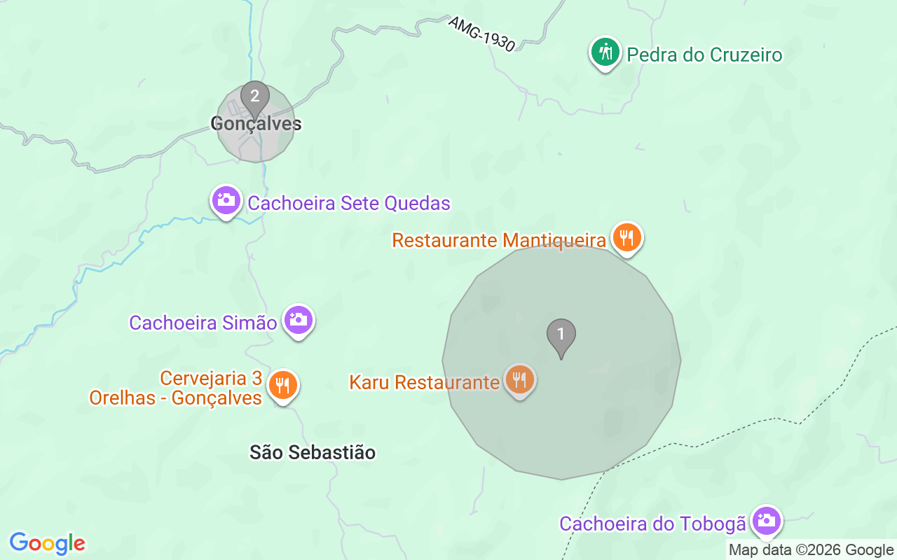 Map of Airbnb guest-review hotspots in Goncalves with location premium circles
