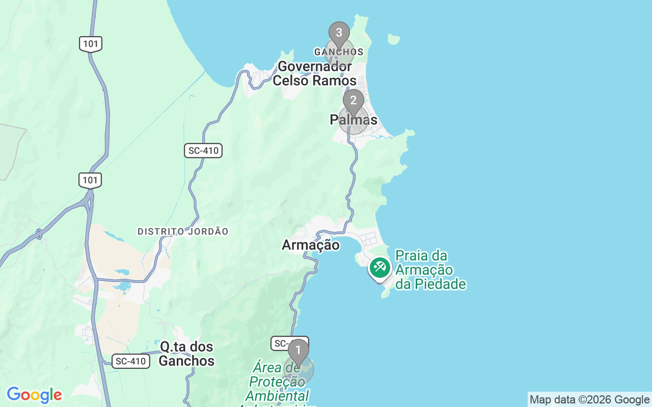 Map of Airbnb guest-review hotspots in Governador Celso Ramos with location premium circles