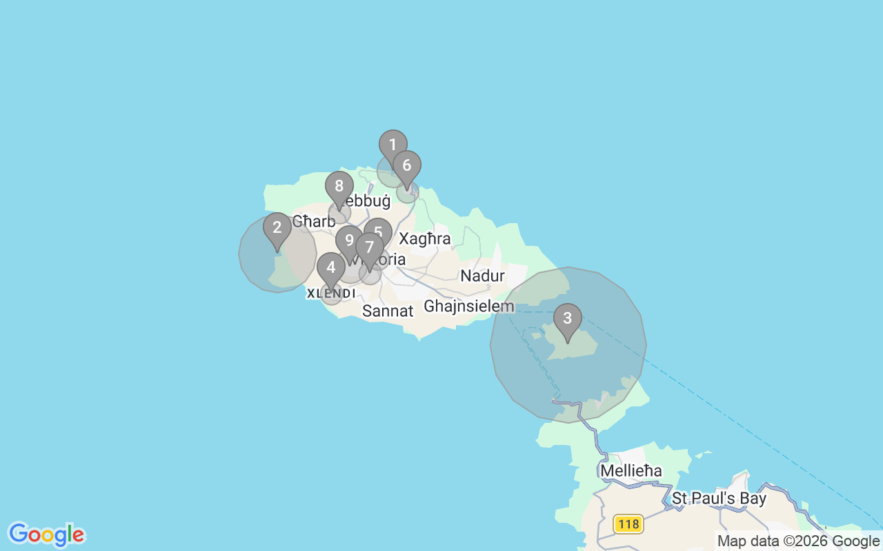 Map of Airbnb guest-review hotspots in Gozo with location premium circles
