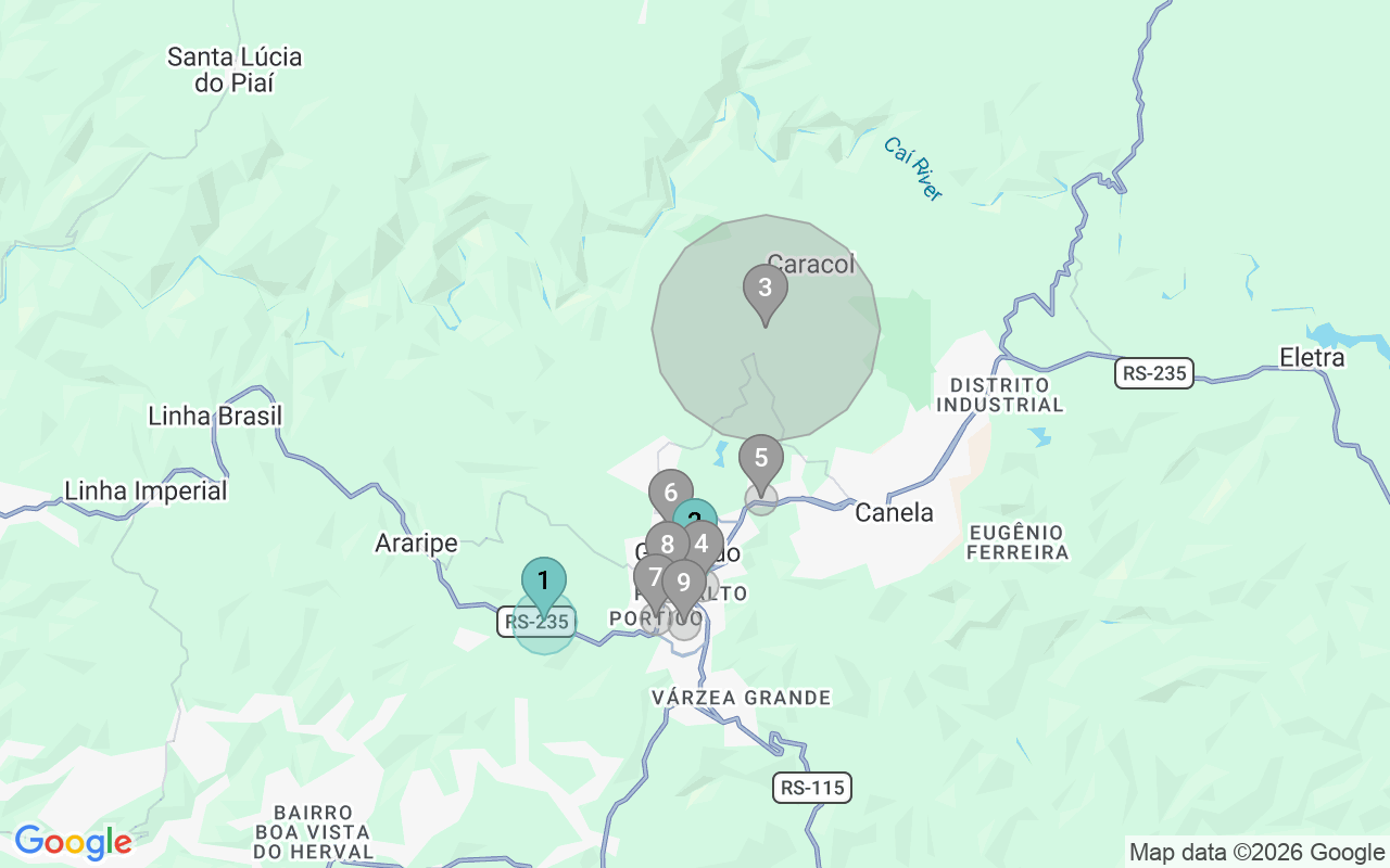 Map of Airbnb guest-review hotspots in Gramado with location premium circles