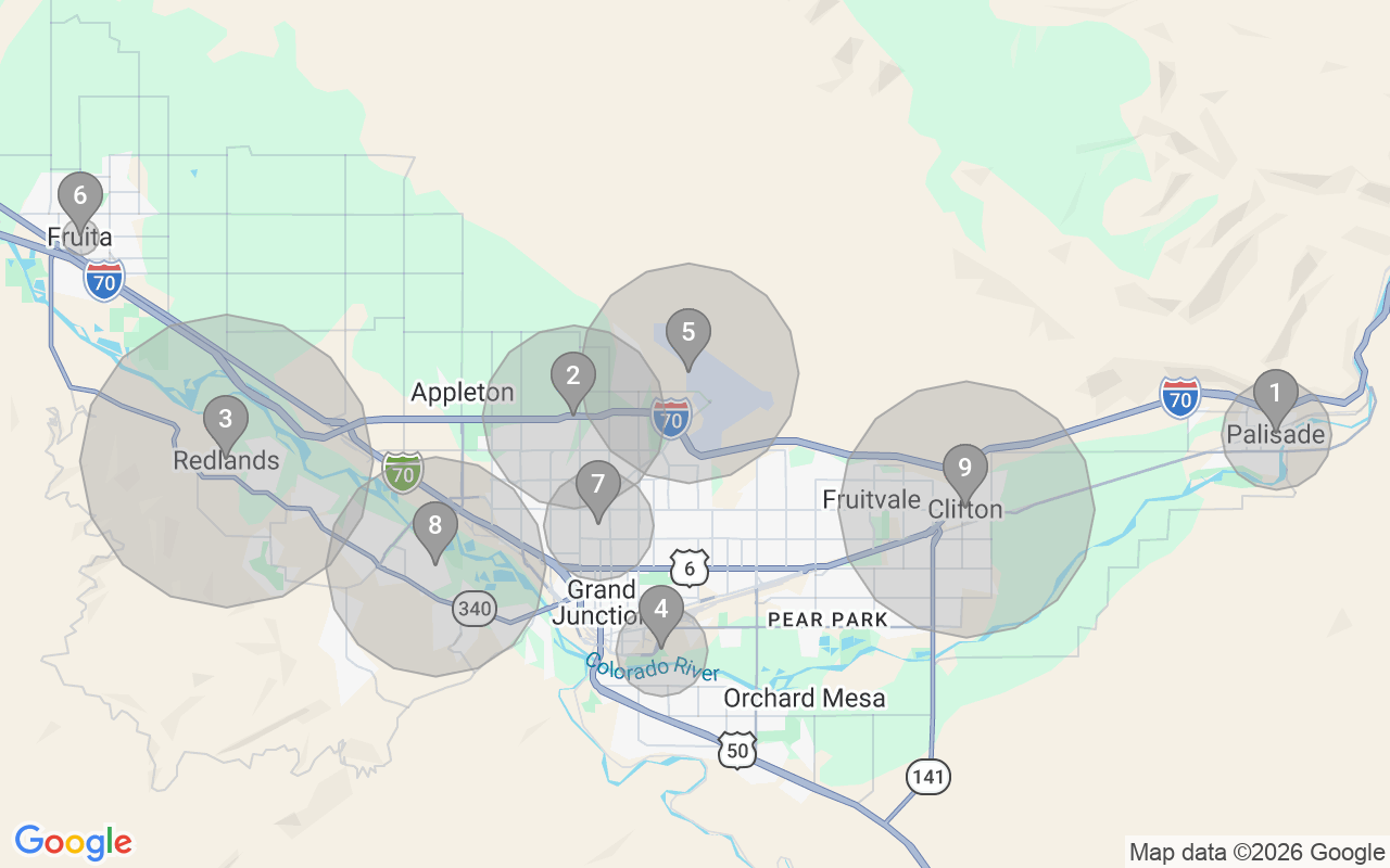Map of Airbnb guest-review hotspots in Grand Junction with location premium circles