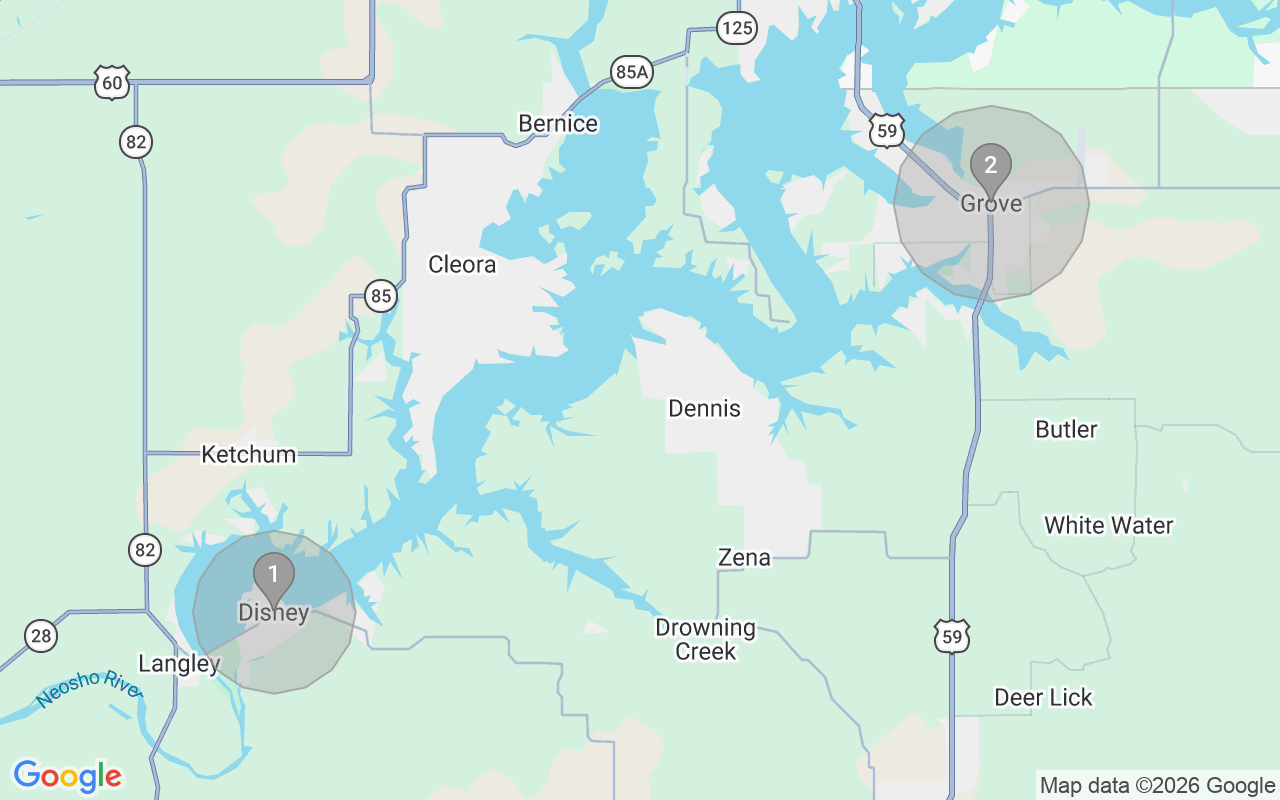 Map of Airbnb guest-review hotspots in Grand Lake O' the Cherokees with location premium circles