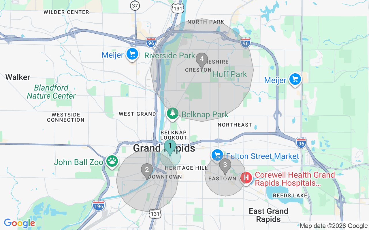 Map of Airbnb guest-review hotspots in Grand Rapids-Kentwood with location premium circles