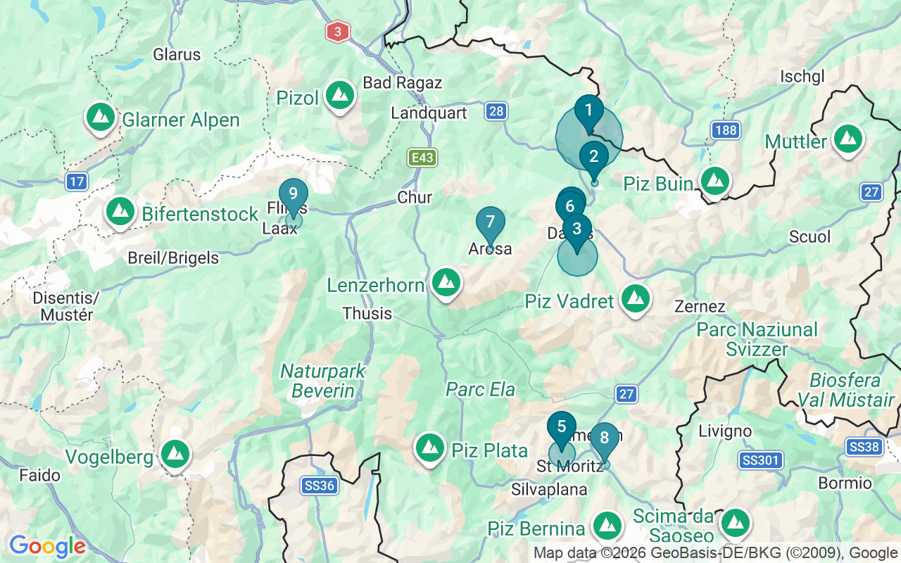 Map of Airbnb guest-review hotspots in Graubunden with location premium circles