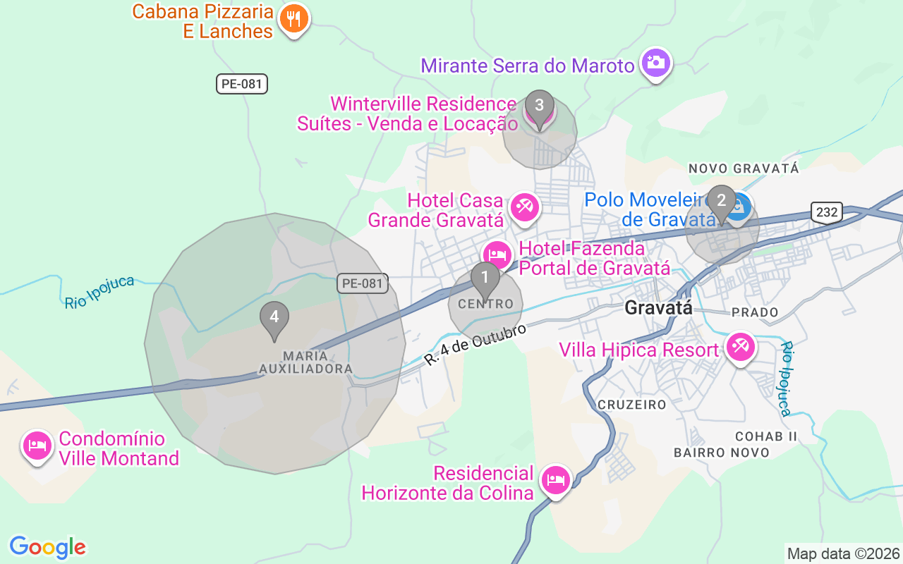Map of Airbnb guest-review hotspots in Gravatá with location premium circles