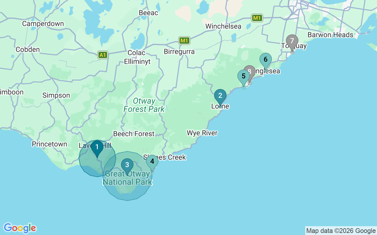 Map of Airbnb guest-review hotspots in Great Ocean Road with location premium circles