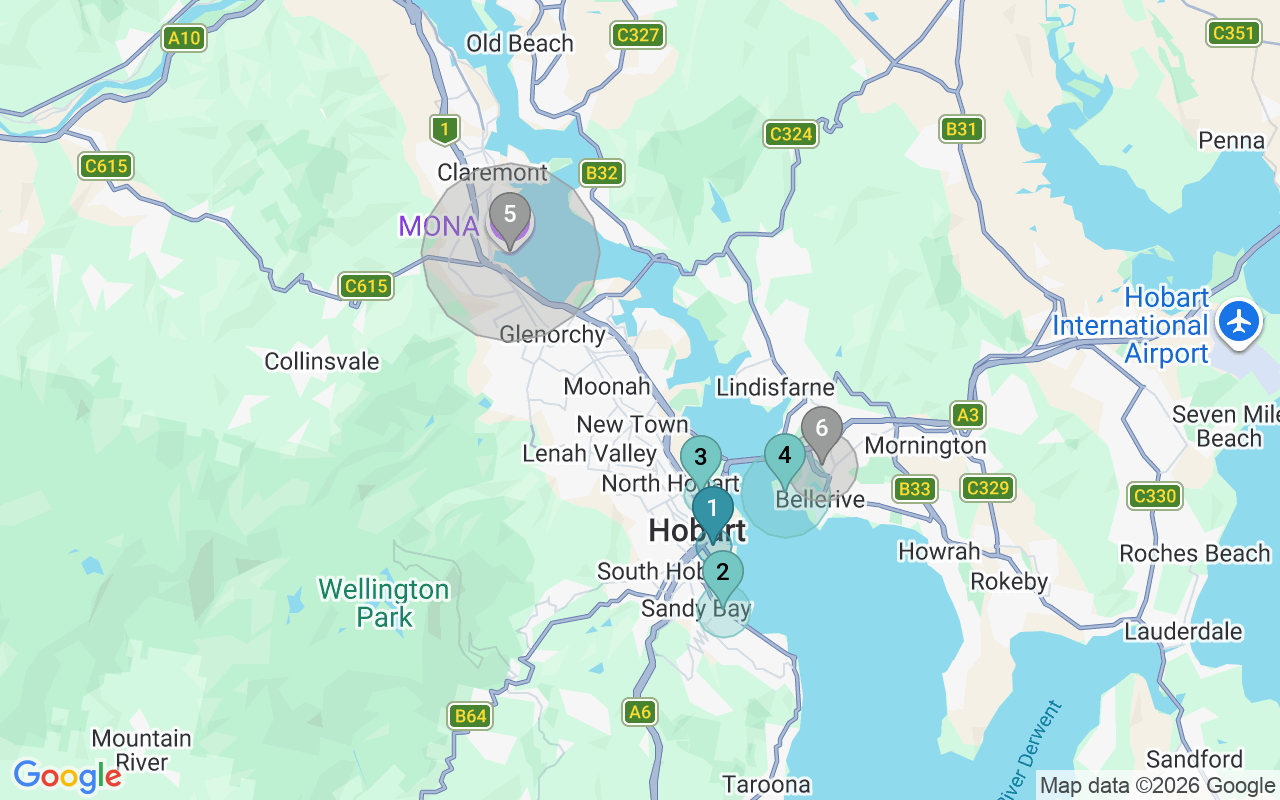 Map of Airbnb guest-review hotspots in Greater Hobart Tas with location premium circles