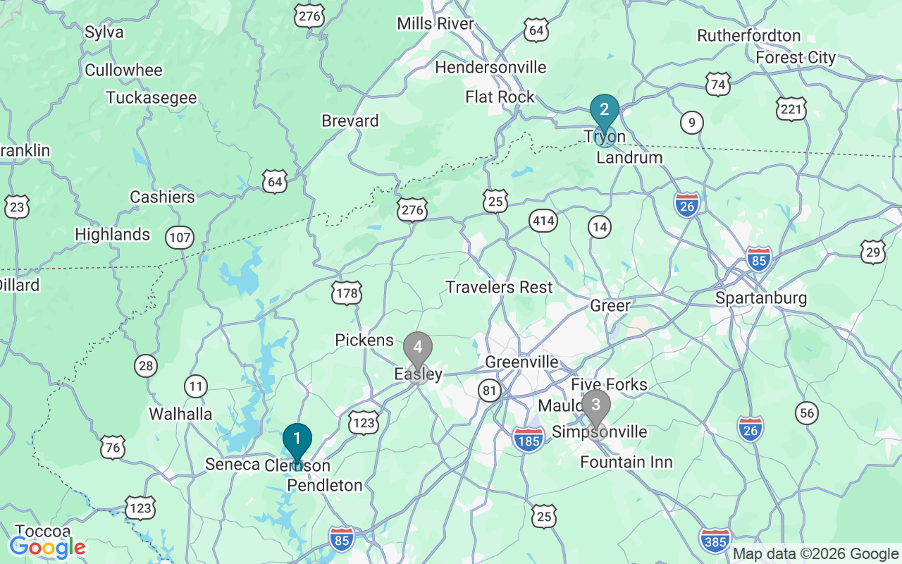 Map of Airbnb guest-review hotspots in Greenville-Anderson with location premium circles