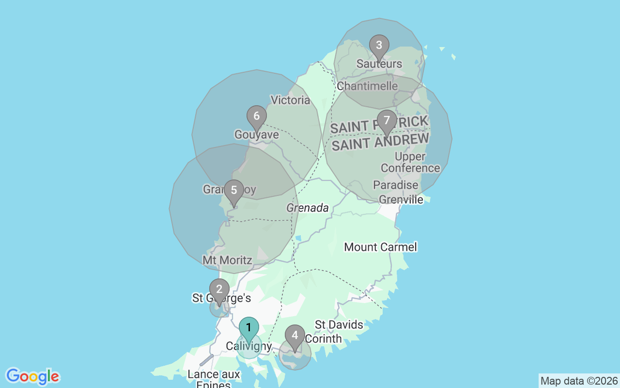 Map of Airbnb guest-review hotspots in Grenada with location premium circles