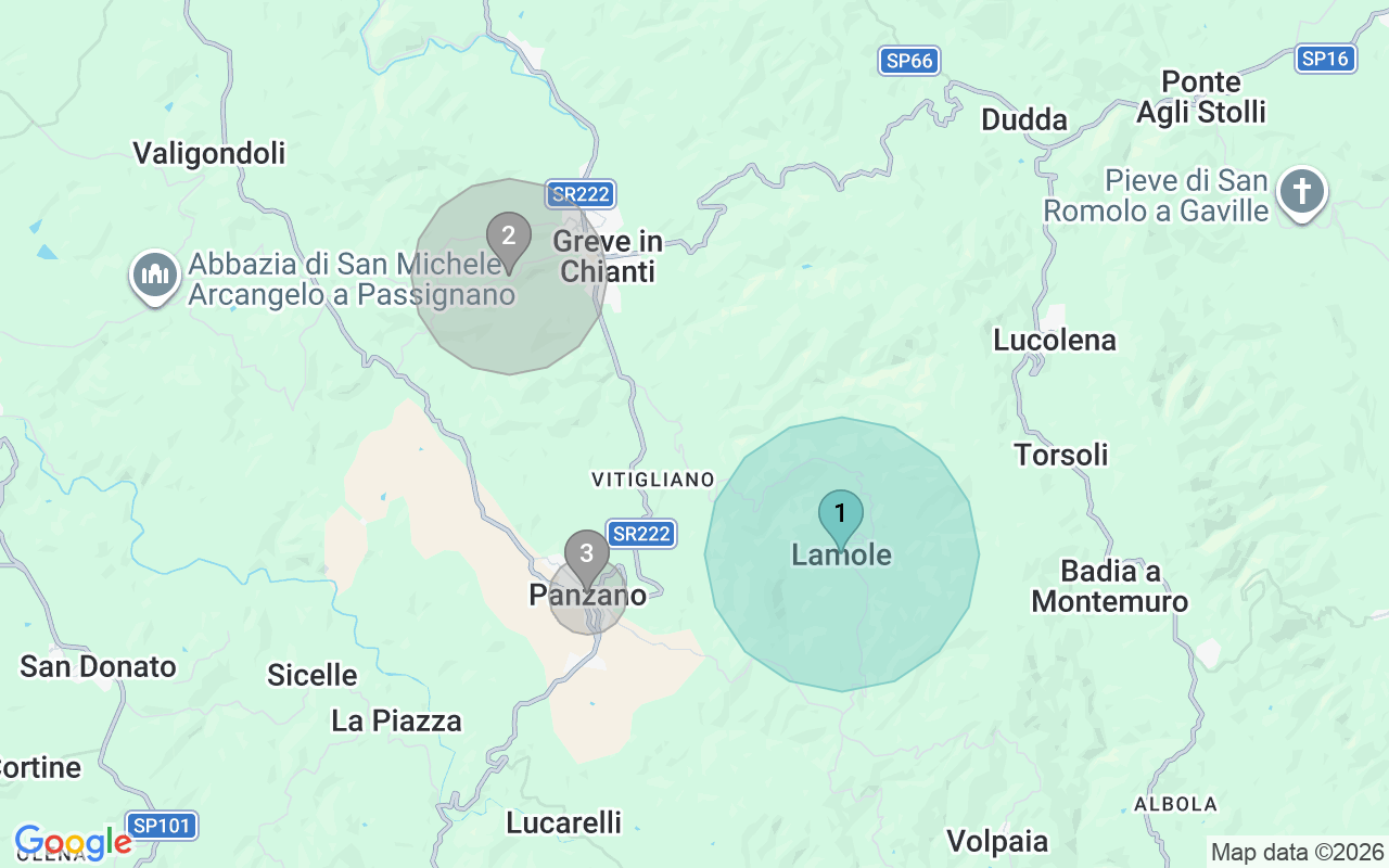 Map of Airbnb guest-review hotspots in Greve in chianti with location premium circles