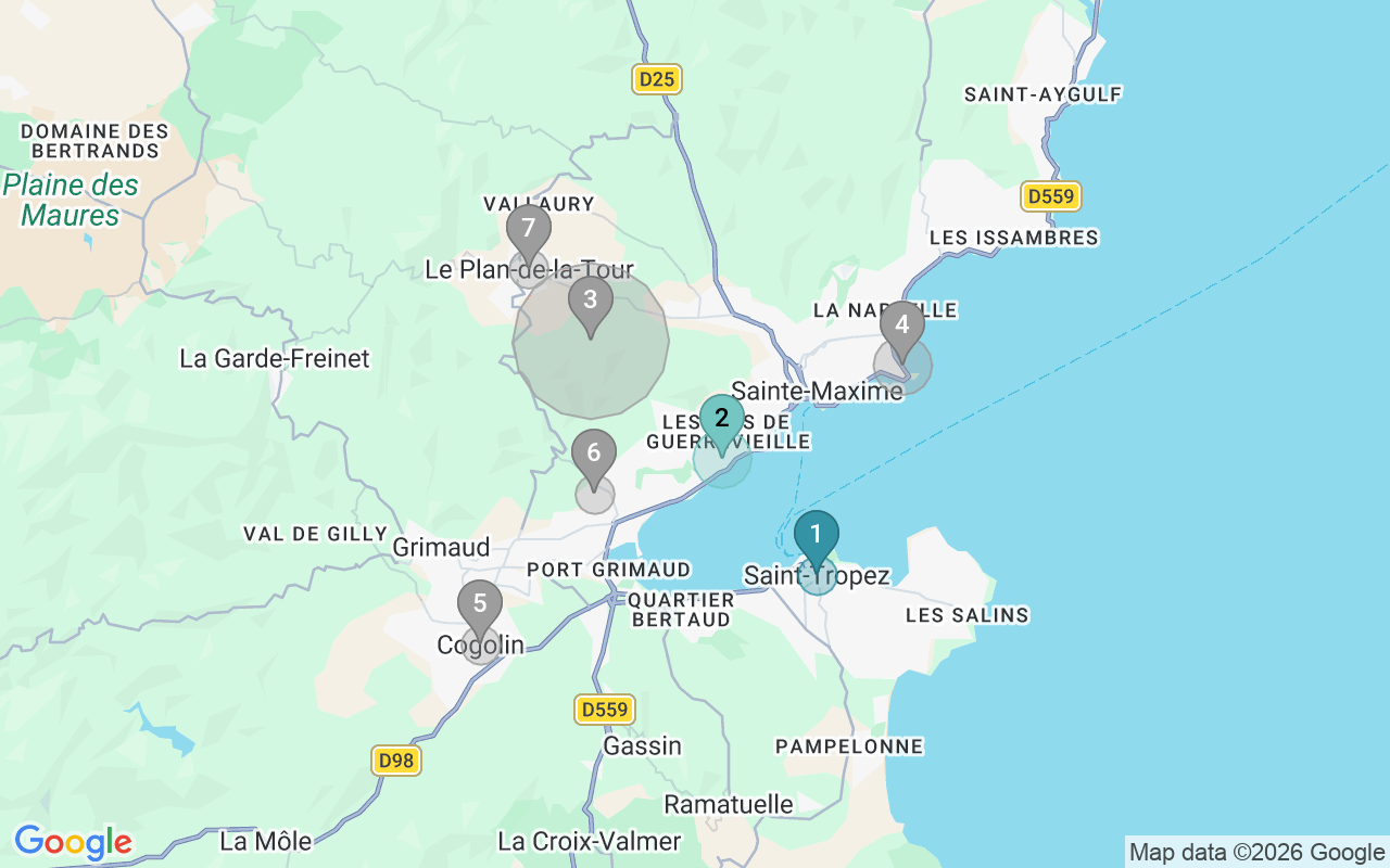 Map of Airbnb guest-review hotspots in Grimaud with location premium circles
