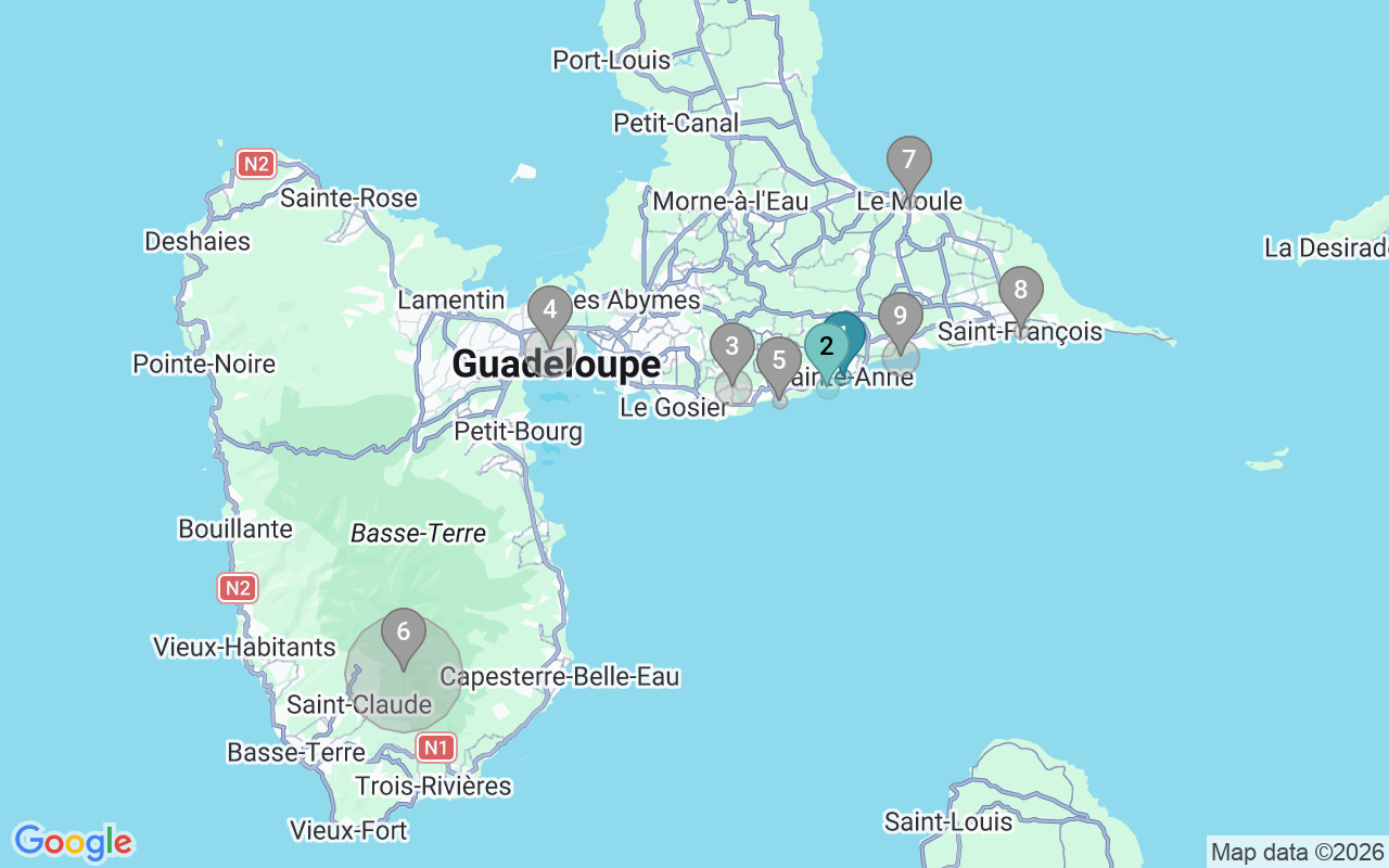 Map of Airbnb guest-review hotspots in guadeloupe with location premium circles