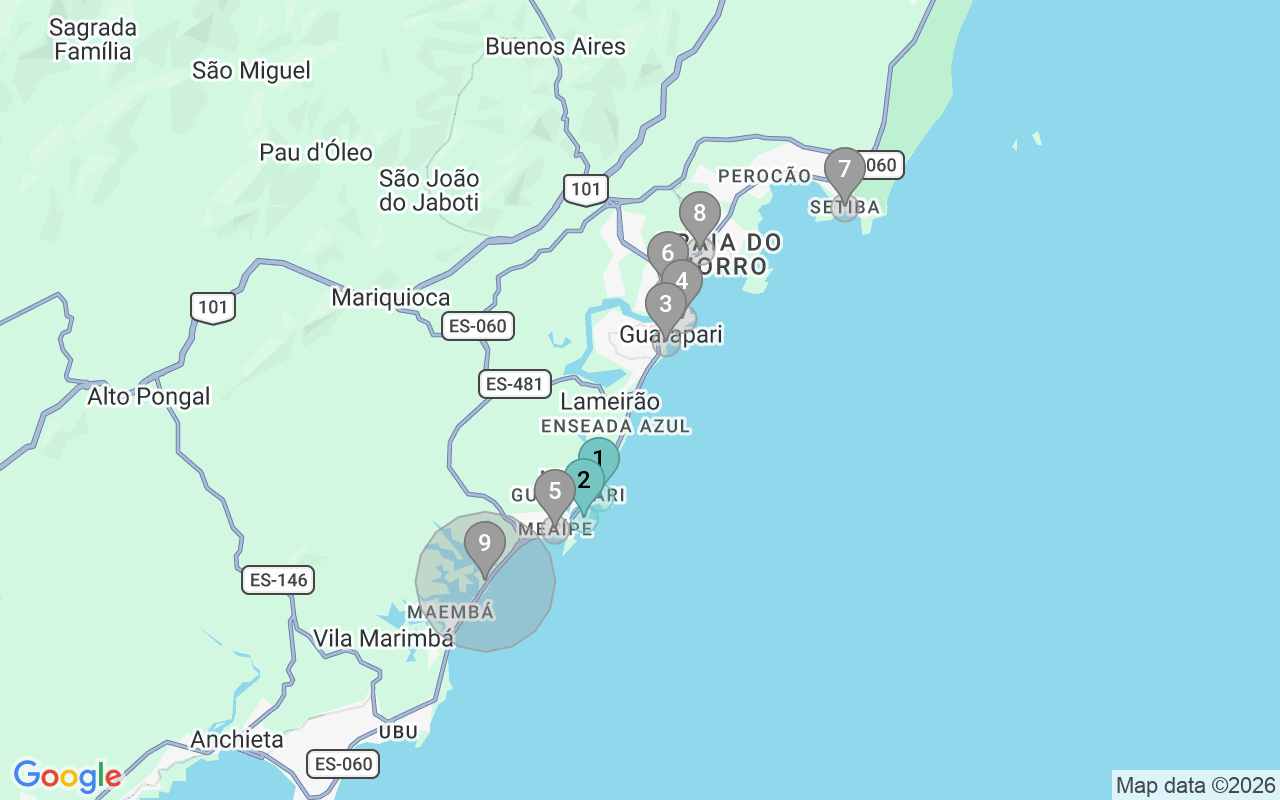 Map of Airbnb guest-review hotspots in Guarapari with location premium circles