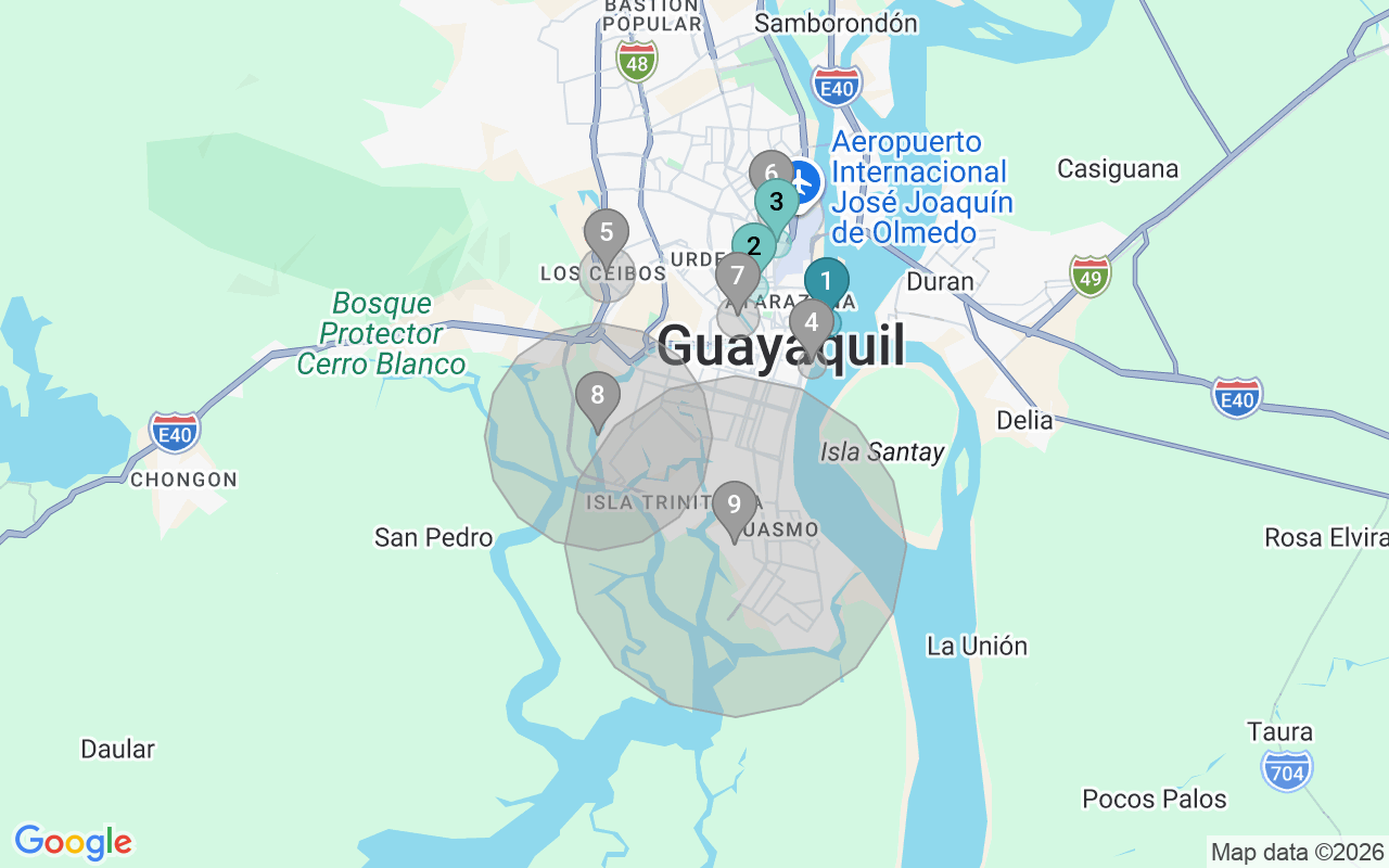 Map of Airbnb guest-review hotspots in Guayaquil with location premium circles