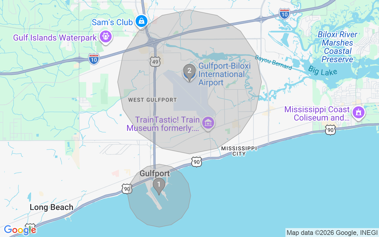 Map of Airbnb guest-review hotspots in Gulfport with location premium circles