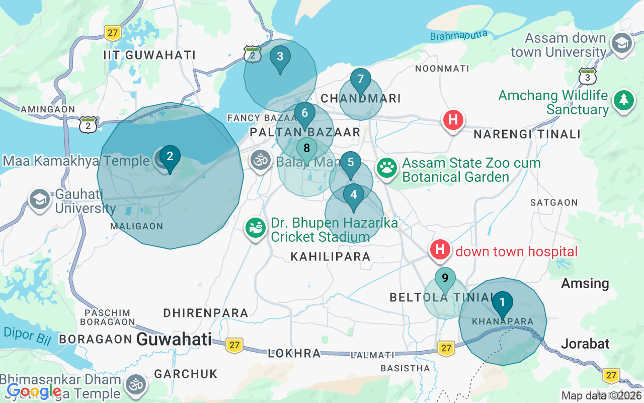 Map of Airbnb guest-review hotspots in Guwahati with location premium circles