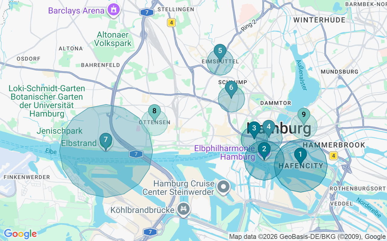 Map of Airbnb guest-review hotspots in Hamburg with location premium circles