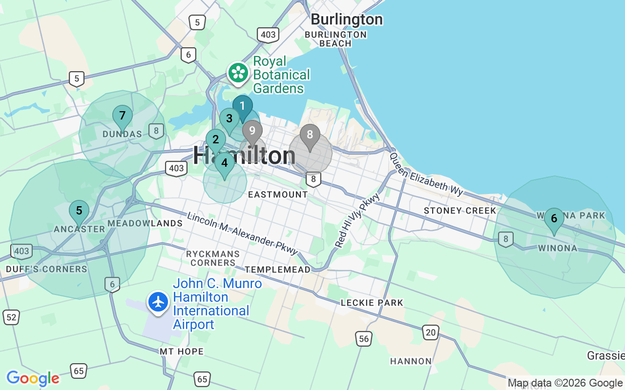 Map of Airbnb guest-review hotspots in Hamilton with location premium circles