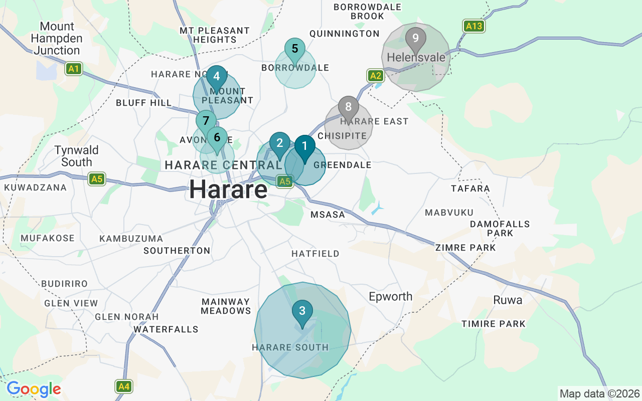 Map of Airbnb guest-review hotspots in Harare with location premium circles